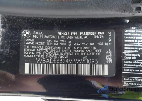 1997 BMW 540Ia из США, поврежденный, VIN WBADE6324VBW51093